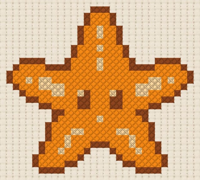Starfish finished in cross stitch on Aida cloth