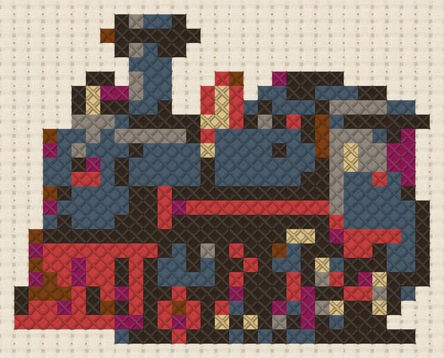 Steam locomotive finished in cross stitch on Aida cloth