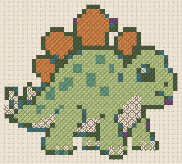 Stegosaurus finished in cross stitch on Aida cloth