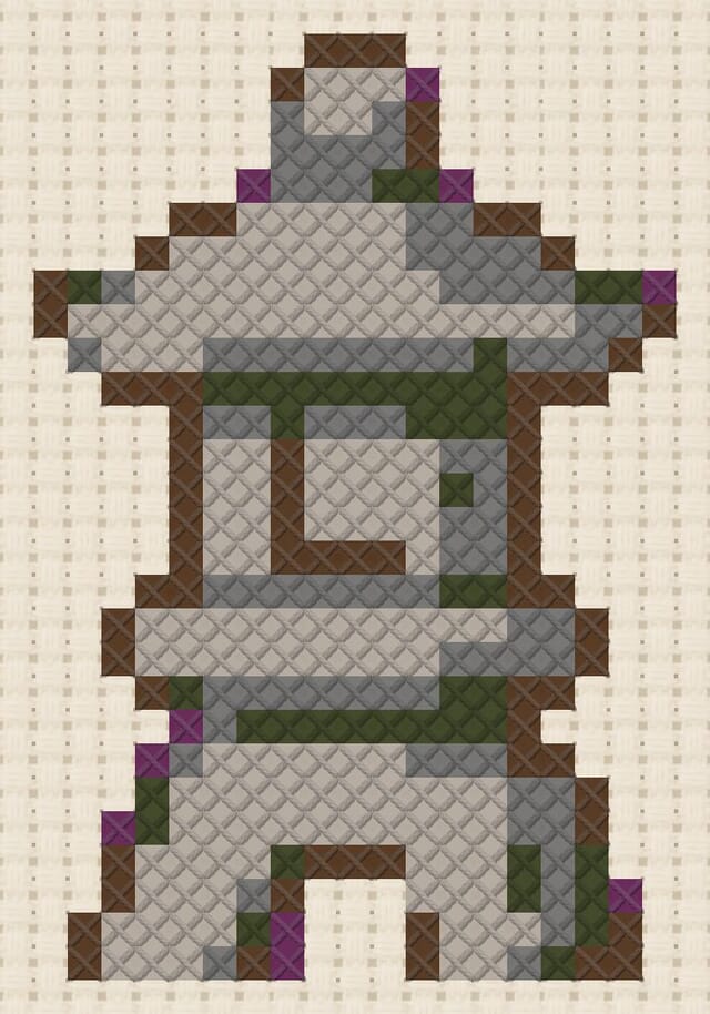 Stone pagoda finished in cross stitch on Aida cloth