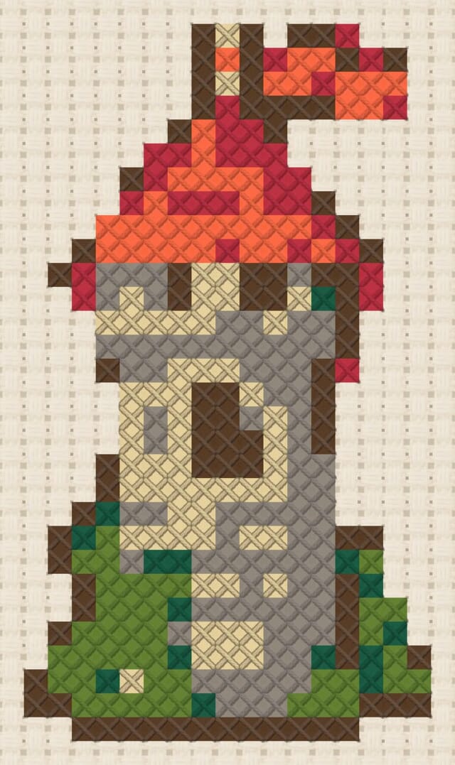 Stone tower finished in cross stitch on Aida cloth