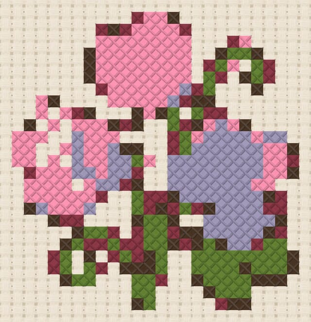 Sweet pea finished in cross stitch on Aida cloth