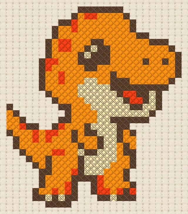 T-rex cub finished in cross stitch on Aida cloth