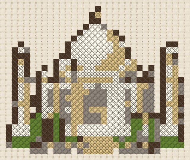 Taj Mahal finished in cross stitch on Aida cloth