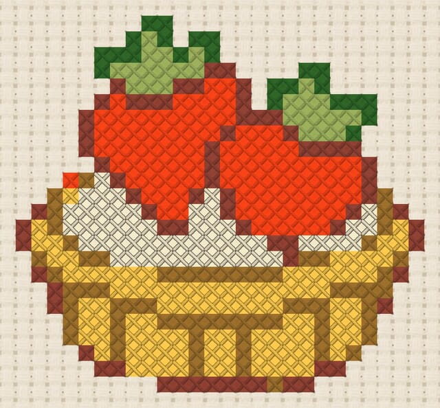 Strawberry tart finished in cross stitch on Aida cloth