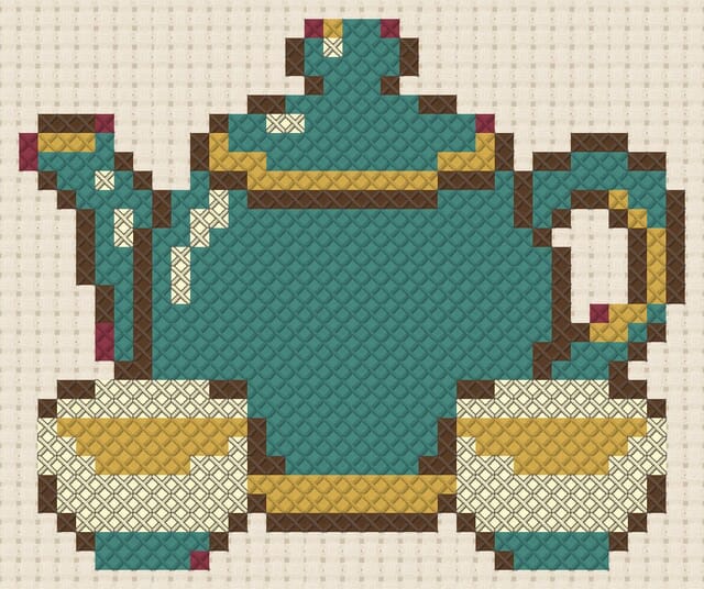 Teapot and cups finished in cross stitch on Aida cloth