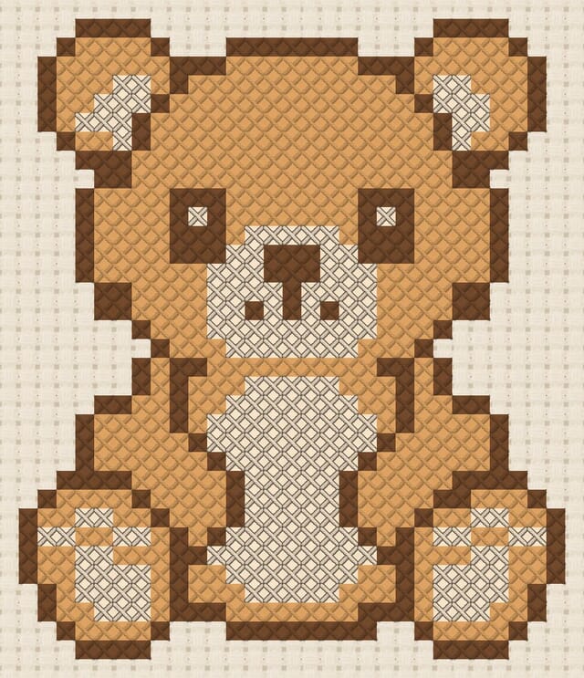 Teddy bear finished in cross stitch on Aida cloth