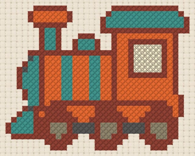 Toy train finished in cross stitch on Aida cloth