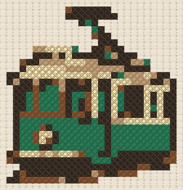 Tram finished in cross stitch on Aida cloth