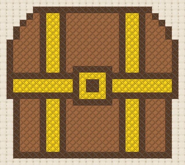 Treasure chest finished in cross stitch on Aida cloth