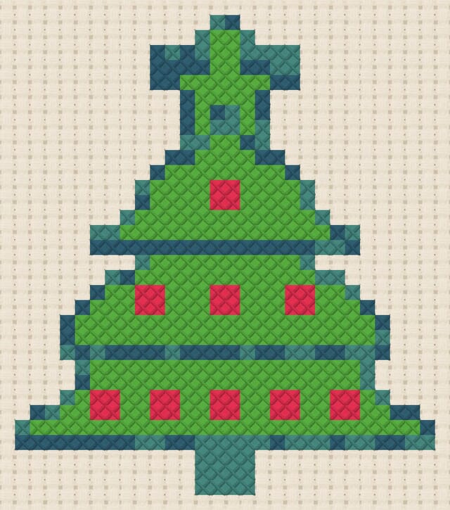 Christmas tree finished in cross stitch on Aida cloth