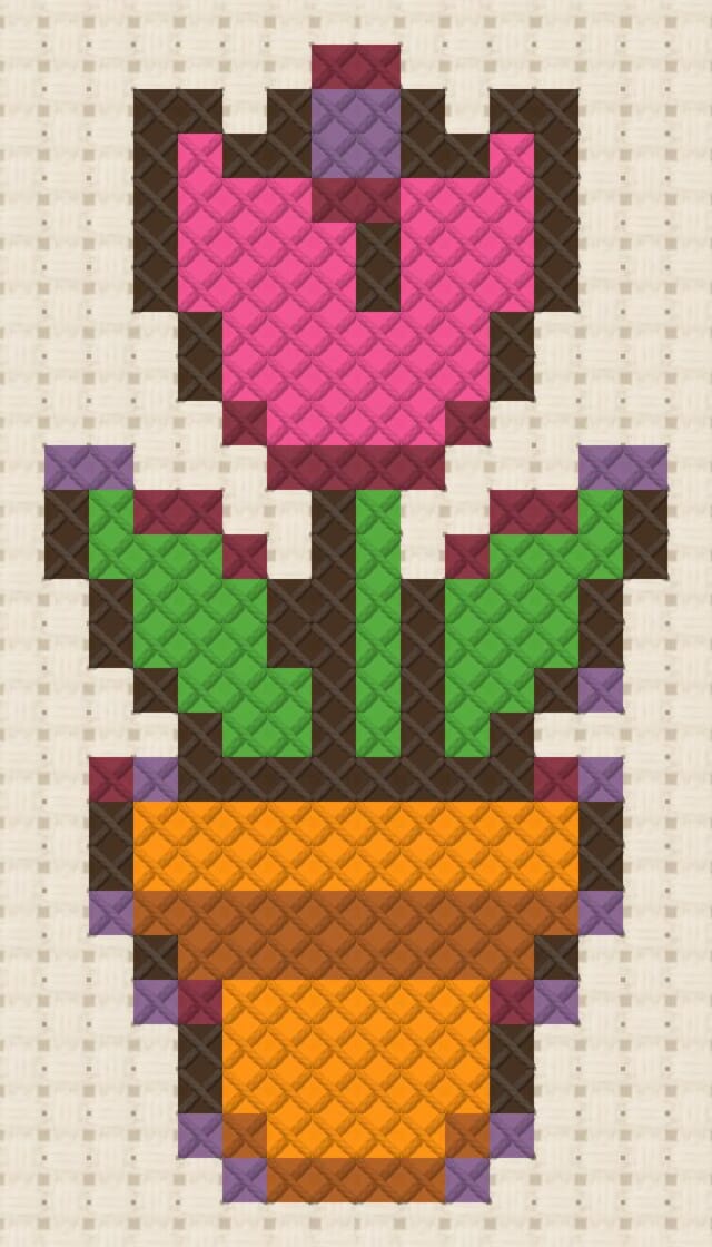 Tulip pot finished in cross stitch on Aida cloth