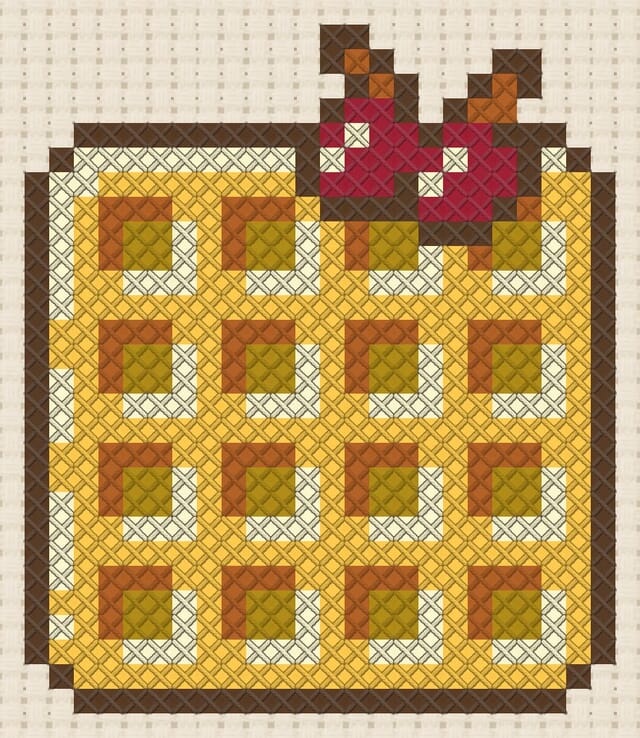 Waffle with berries finished in cross stitch on Aida cloth