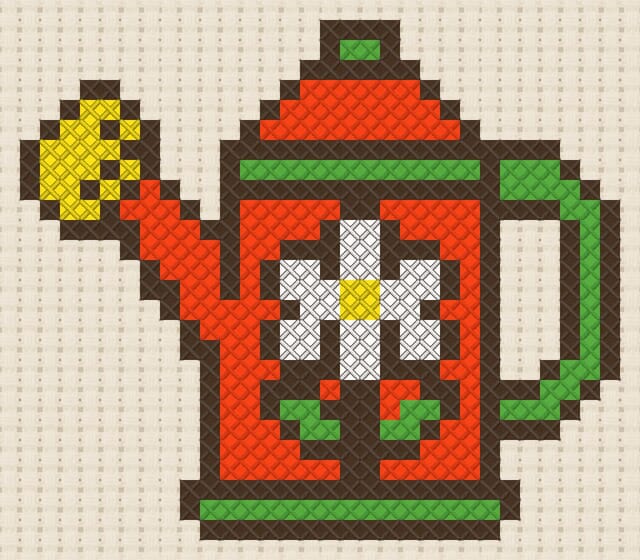 Watering can with flowers finished in cross stitch on Aida cloth