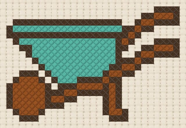 Wheelbarrow finished in cross stitch on Aida cloth